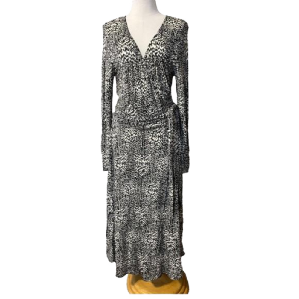 Talbots Midi Wrap Dress 10 Black Ivory 3/4 Long Sleeve Career NWT - Picture 2 of 12